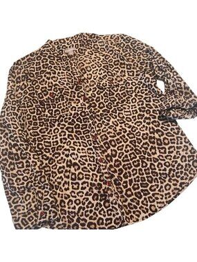 Chico's Brown Animal Print Button Up Collar Long Tab Sleeves Blouse Size Large